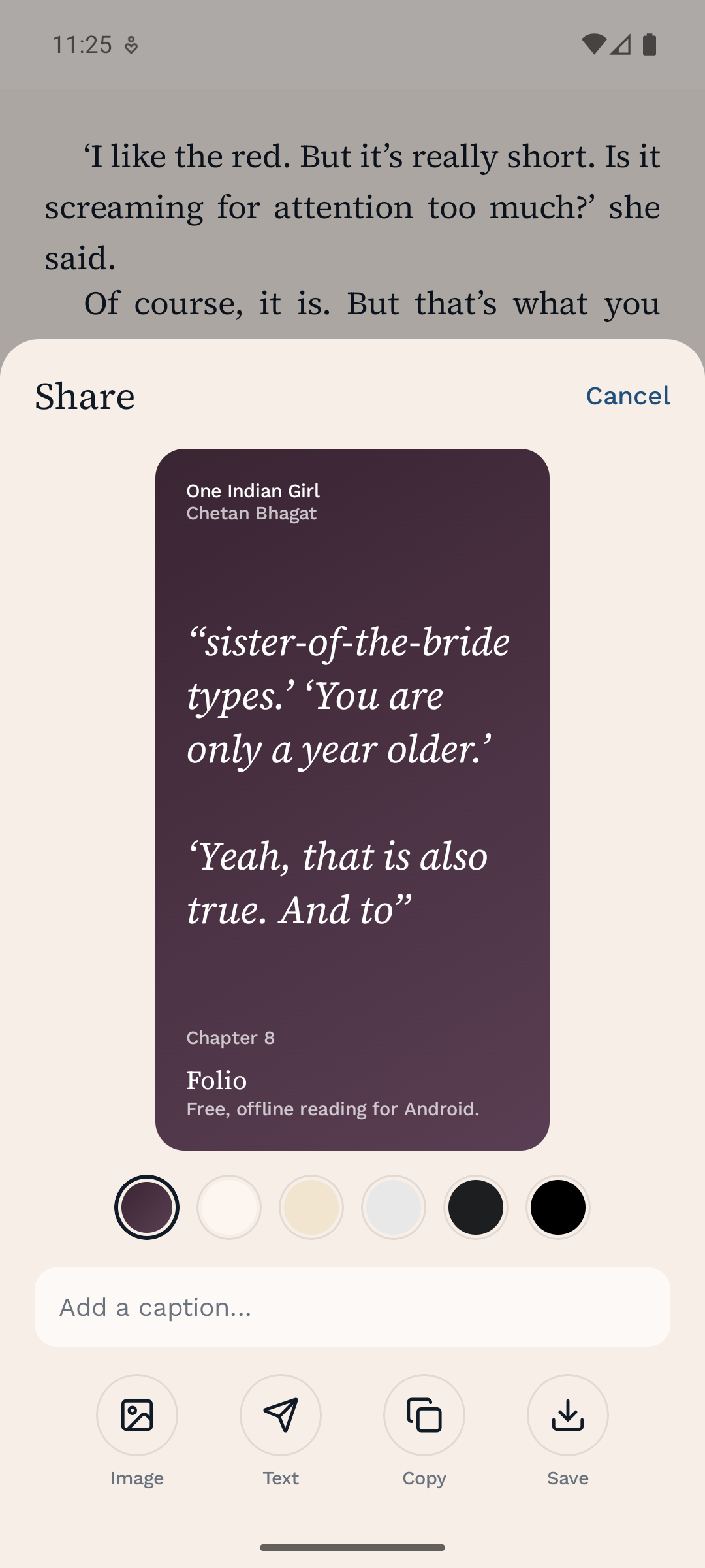A share sheet showing a quote card in six colour styles.